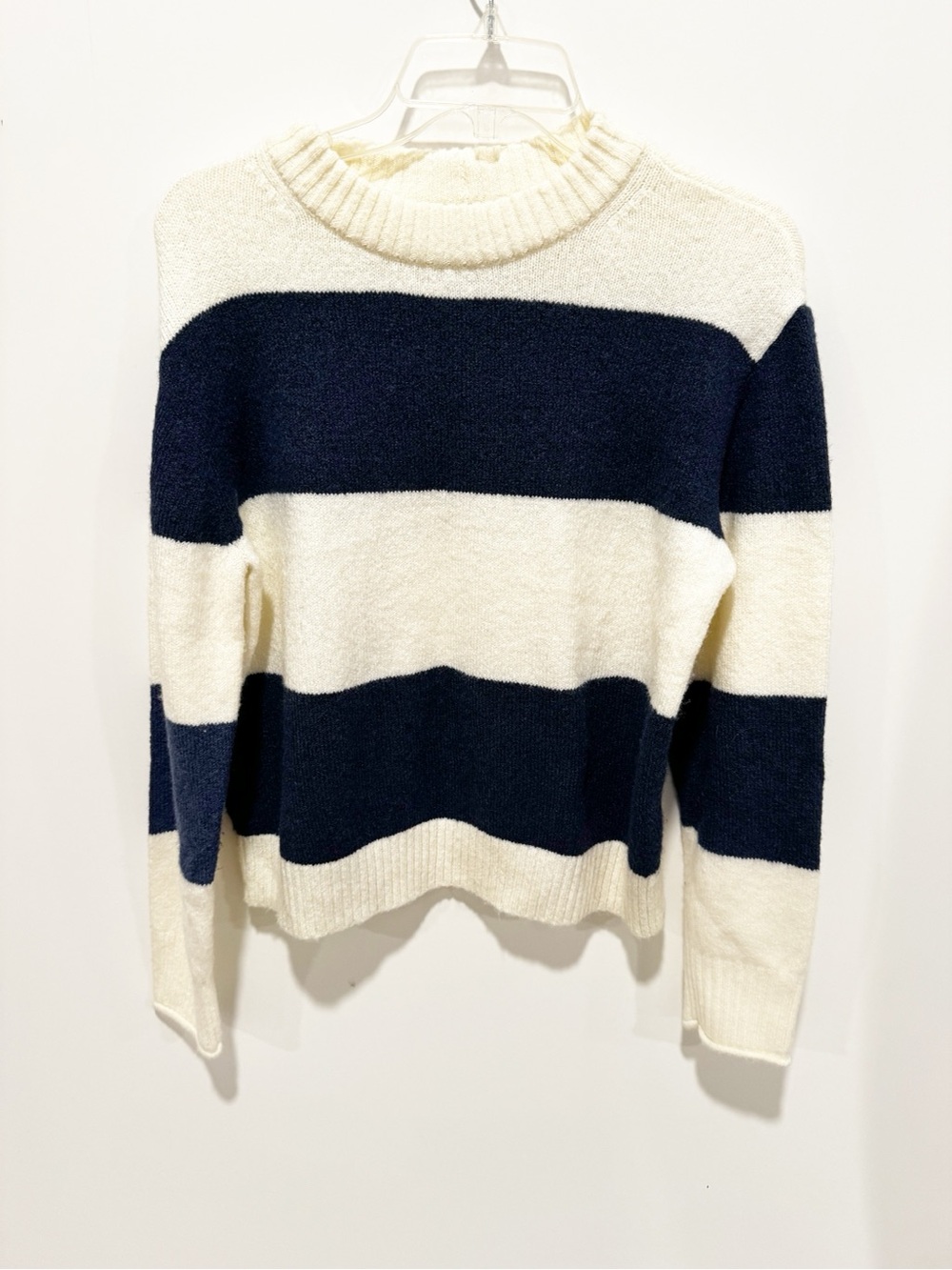 American Eagle Outfitters Navy and Cream Striped Crewneck Sweater